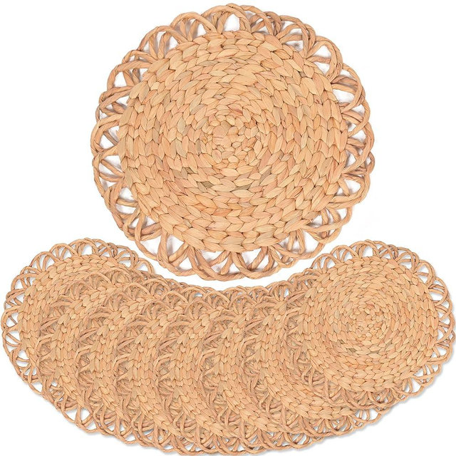 Flower Boho Placemats Set of 8, Round Placemats for Dining Table Set of 8, Water Hyacinth Wicker Placemats, Straw Placemats, Round Woven Placemats Set of 8, Natural Placemats 13.4 in