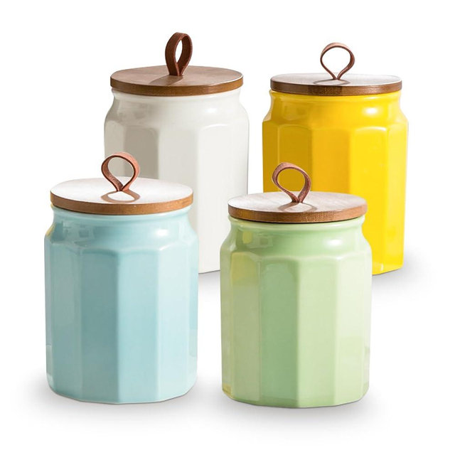 Sowlvenco Canister Sets for Kitchen, Kitchen Canisters for Countertop with Airtight Wood Lid, Ceramic Food Storage Containers and Sugar Container for Coffee, Flour, Tea, Candy, Cookie, Spice