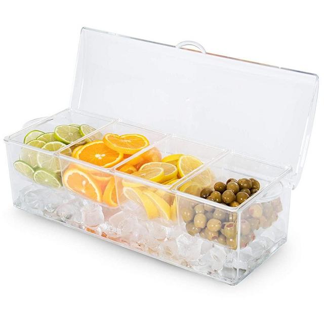 Chilled Bar Top Food & Condiment Dispenser, 4 Tray - Iced Cooled Garnish Station Serving, Bartending, Nacho & Taco Bars, Sundae Bar & Salad Prep - Topping Organizer, Restaurant Supplies & Accessories