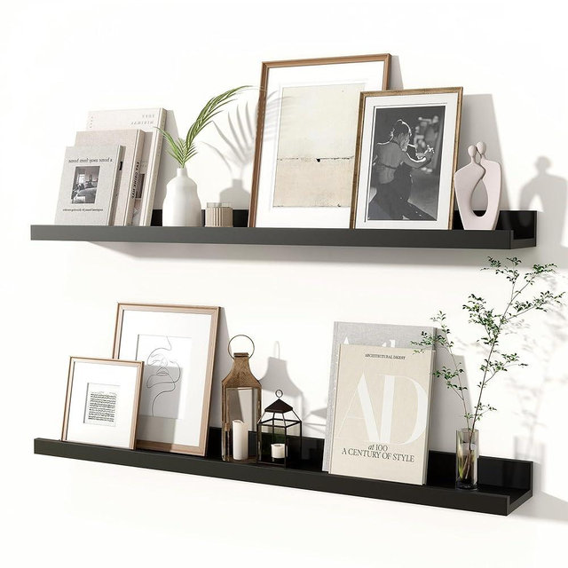 Fun Memories Picture Ledge Shelves Set of 2, 32 Inch Rustic Wall Mounted Floating Shelves with Lip for Home Storage and Décor in Bathroom, Kitchen, Nursery, Bedroom, Living Room, Black
