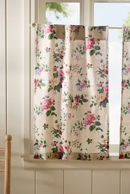 Camille Cotton Linen Floral Cafe Curtains, Set of 2