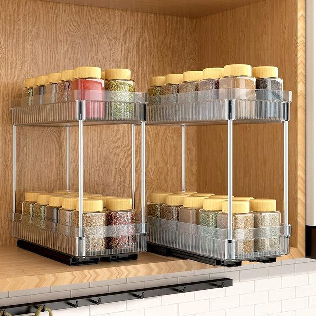 DABIGE 2 Pack Pull Out Spice Rack Organizer for Cabinet, 2 Tier Slide Out Spice Racks Organizer, Spice Cabinet Organizers, Cabinet Size Need:12'' High x 11'' Deep x 5'' Wide, Clear Acrylic