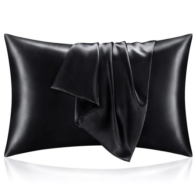 BEDELITE Satin Silk Pillowcase for Hair and Skin, Black Pillow Cases Standard Size Set of 2 Pack, Super Soft Pillow Case with Envelope Closure (20x26 Inches)