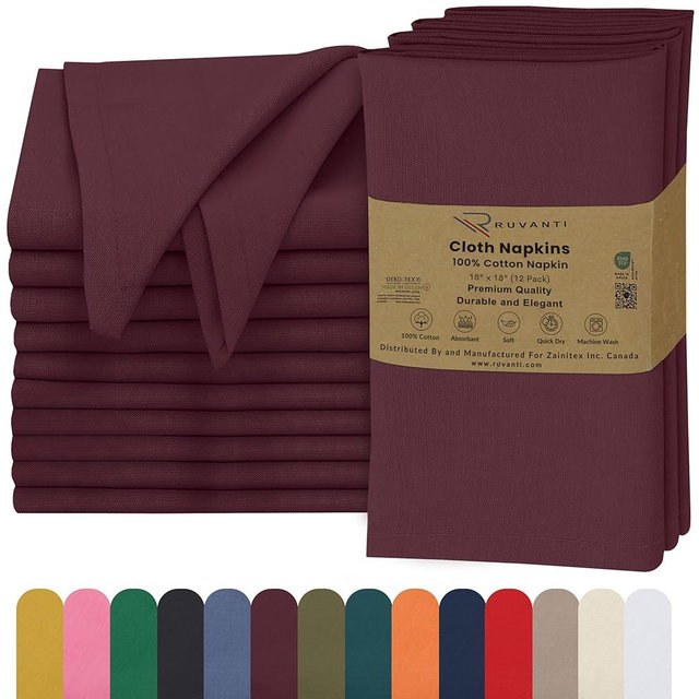 Ruvanti Cloth Napkins Set of 12, 18x18 Inches, 100% Cotton, Washable, Soft & Absorbent, Perfect for Wedding, Christmas, ‎Thanksgiving Dinners - Burgundy