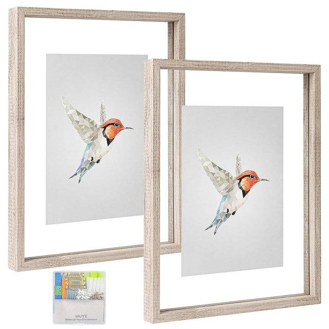 MUYE 11x14 Floating Frames Distressed Beige White Wood Pattern,Double Glass Picture Frame Set of 2 Display Any Size Photo up to 11x14,Wall Mount or Tabletop