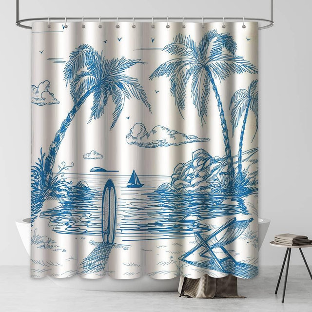 MEHOFOND Surf Shower Curtain Retro Surfboard Tropical Palm Tree Theme Lounge Summer Beach Sceen Chair Polyester Fabric Bathroom Decor Set with 12 Hooks 72x72 Inches