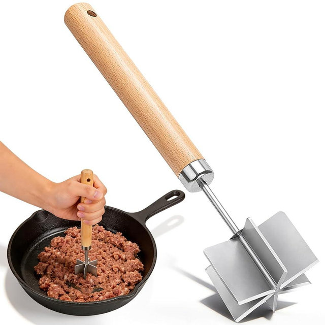 XUNWKONGG Meat Masher with Stainless Steel 6-Blade, Ground Beef Masher & Heavy Duty Meat Chopper with Wooden Handle, Hamburger Smasher Tool for Home Cooking