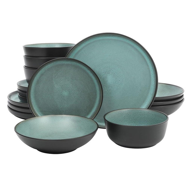 Gibson Elite Tribeca Loft 16-Piece Dinnerware Set – Matte Black and Green Reactive Glaze Stoneware, Double Bowl Round Plates and Bowls – Modern Rustic Tableware for 4, Dishwasher & Microwave Safe