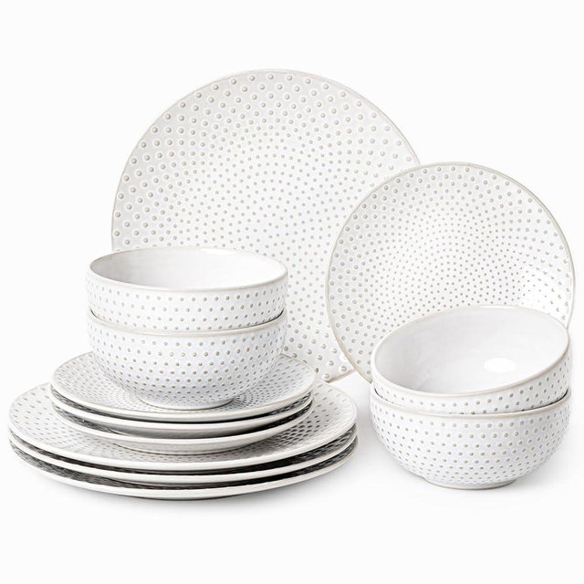 FOBENTA Stoneware Plates and Bowls Sets, Embossment White Ceramic Dish Set for 4, 12 Piece Ease of Cleaning Textured Dinnerware Set, Dishware Safe Scratch Resistance Dishes