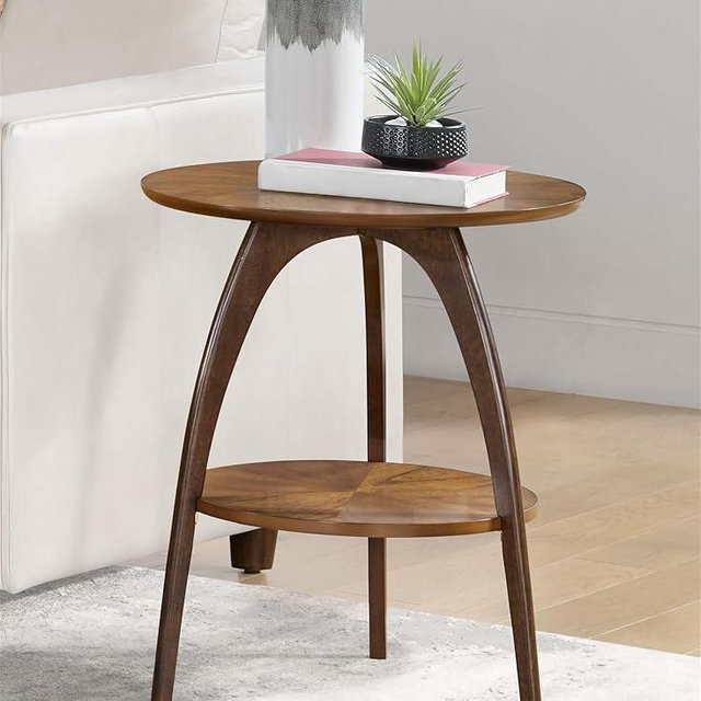 Martin Svensson Home LAX Two-Tone 20-Inch Caramel Brown Round Wood End Side Table with Walnut Legs and Shelf Storage