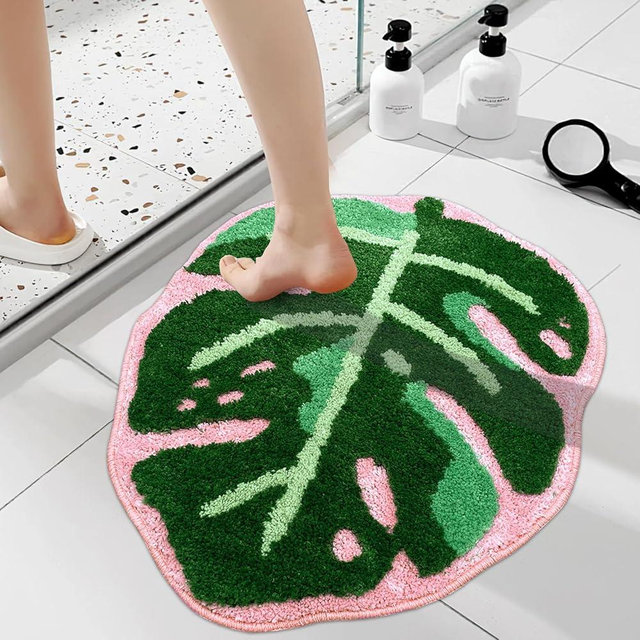 Sisher Leaf Rug,Monstera Bath Mat Cute Bathroom Mat Non Slip Palm Shaped Plush Fun Area Rug Bathtub Rugs Machine Washable Green and Pink Leaf Mat（21"X26"）