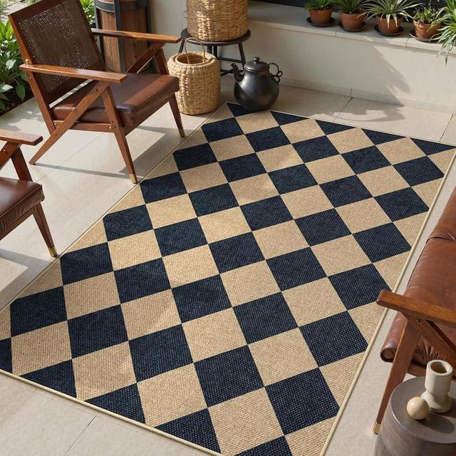 Lanffia Checkered Easy Jute Entryway Rug, Black 3x5 Rugs for Living Room, Diamond Washable Indoor Outdoor Carpet, Neutral Non Slip Stain Resistant Front Door Carpet for Porch Patio Balcony