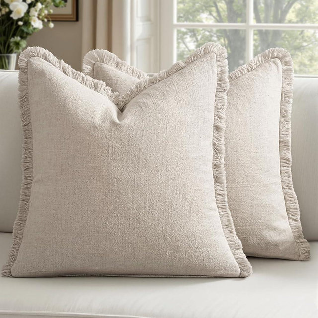Woaboy Decorative Linen Fringe Throw Pillow Covers Boho Farmhouse Soft Cushion Covers Accent Pillowcases with Tassels for Living Room Couch Sofa Bed Chair,20x20 Inch Set of 2,Beige