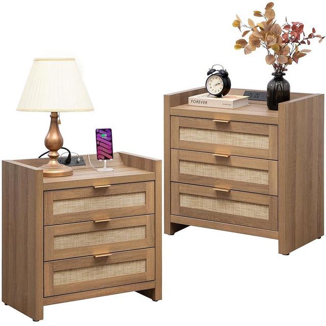SICOTAS Rattan Night Stand Set of 2 - Tall Nightstands with Type-C Charging Station, 3 Rattan Storage Drawers, Larger Wood Bedside Table, Boho Bed Side End Table for Bedroom Sofa Couch Office - Oak