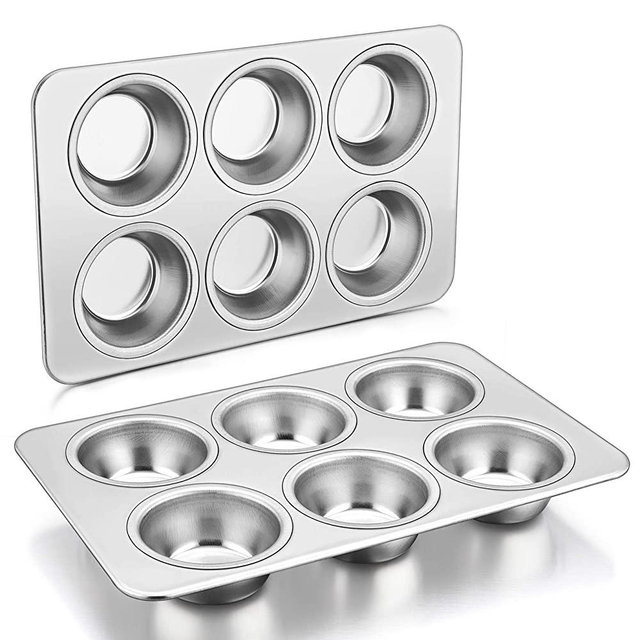 Muffin Pan Cupcake Pans Set of 2, P&P CHEF Stainless Steel Muffin Pans (6-Cups), For Mini Brownie Tart Quiches, Healthy & Durable, Quick Release & Easy Clean, Dishwasher Safe