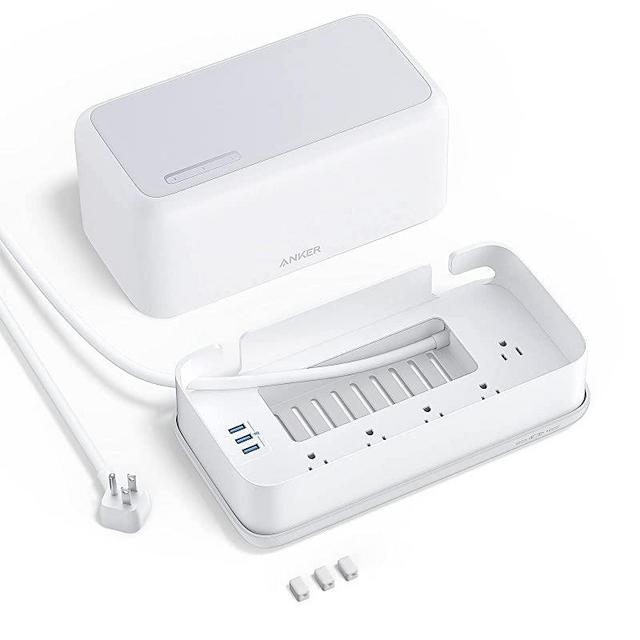 Anker Cable Management Box and Desk Cord Organizer with USB Power Strip，1200J Surge Protector with 5 AC Outlets 3 USB Ports, 6FT Extension Cord Organizer with Magnetic Cable Clips for Home and Office