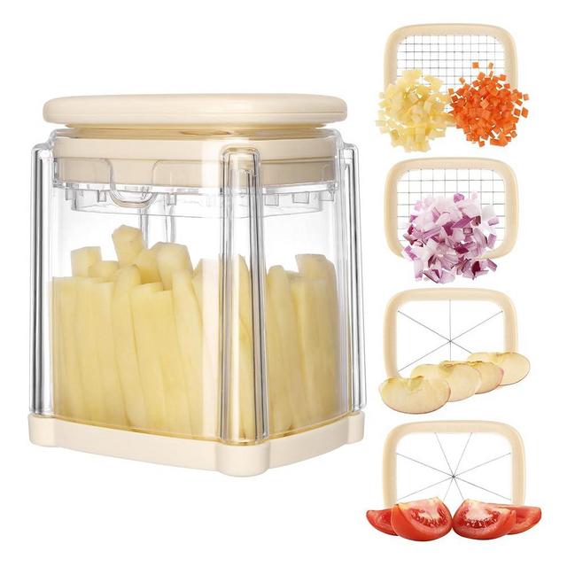 Navaris Potato Chipper - Compact Vegetable Cutter Box with 4 Interchangeable Metal Blades - Chip Maker & Slicer Ideal for French Fries, Chips & Fruit - Dishwasher Suitable - Cream