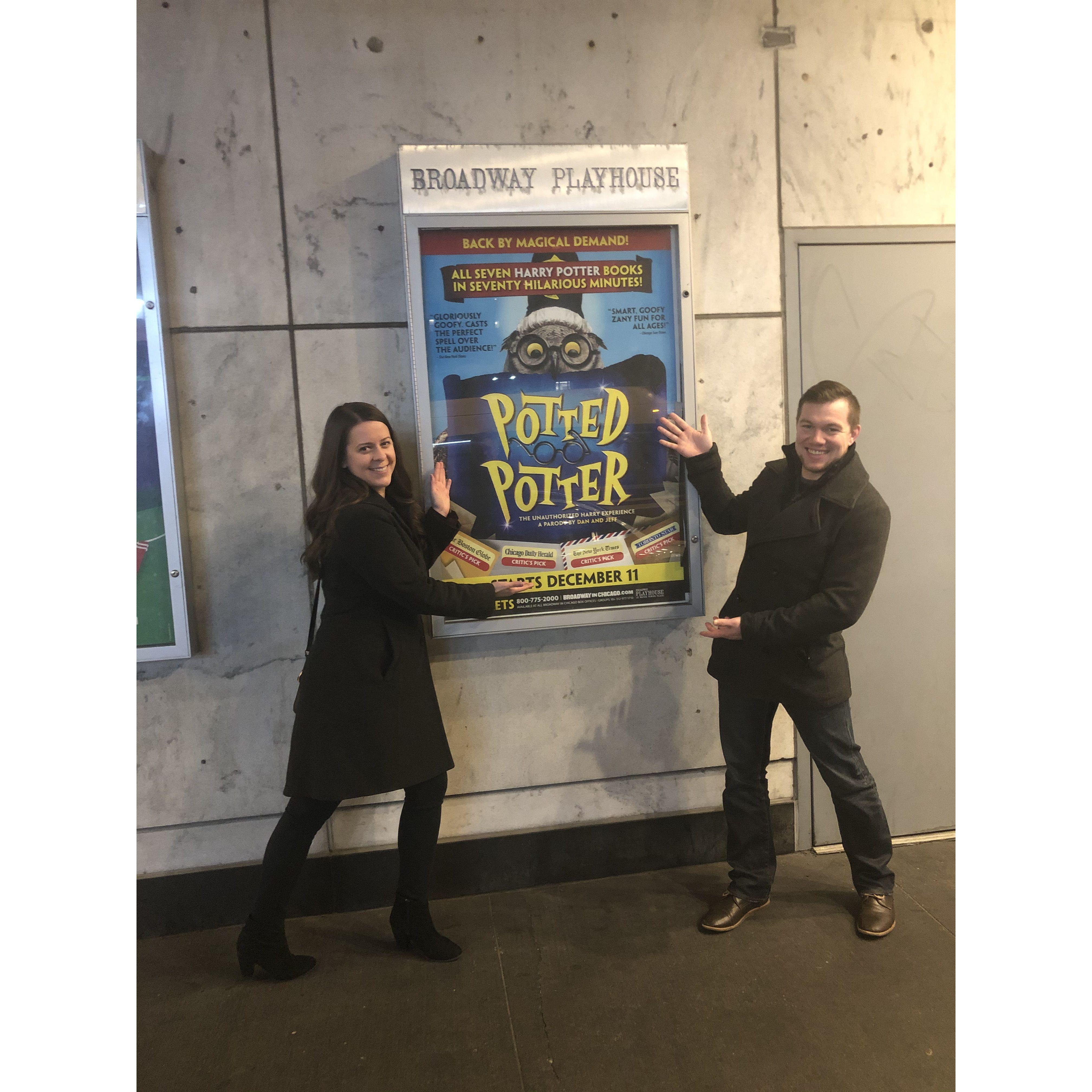Chicago trip with Josh's parents - 3 months into dating. We saw "Potted Potter" on Broadway. (2019)