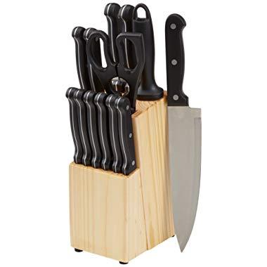 AmazonBasics 14-Piece Kitchen Knife Set with High-Carbon Stainless-Steel Blades and Pine Wood Block