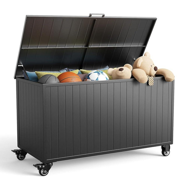 RICNOD Outdoor Storage Box with Wheels 150 Gallon, Metal Deck Boxes Waterproof, UV Resistant Patio Storage Box with Lid for Patio Furniture, Garden Tools (Black)