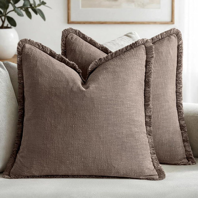 MIULEE Decorative Throw Pillow Covers Neutral Linen Fringe Throw Pillows Set of 2 Malt Ball Boho Farmhouse Cushion Covers with Tassels for Couch Sofa Bed Living Room Spring Decor 18x18 Inch
