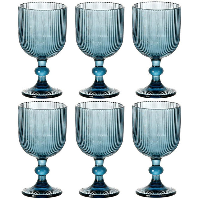 Taganov Blue Glasses Drinking Water Goblets set of 6 Vintage Glassware 13oz Colored Wine Glasses for Wedding Party Bar Vertical Line Embossed Pattern Stemmed Cups 400ml