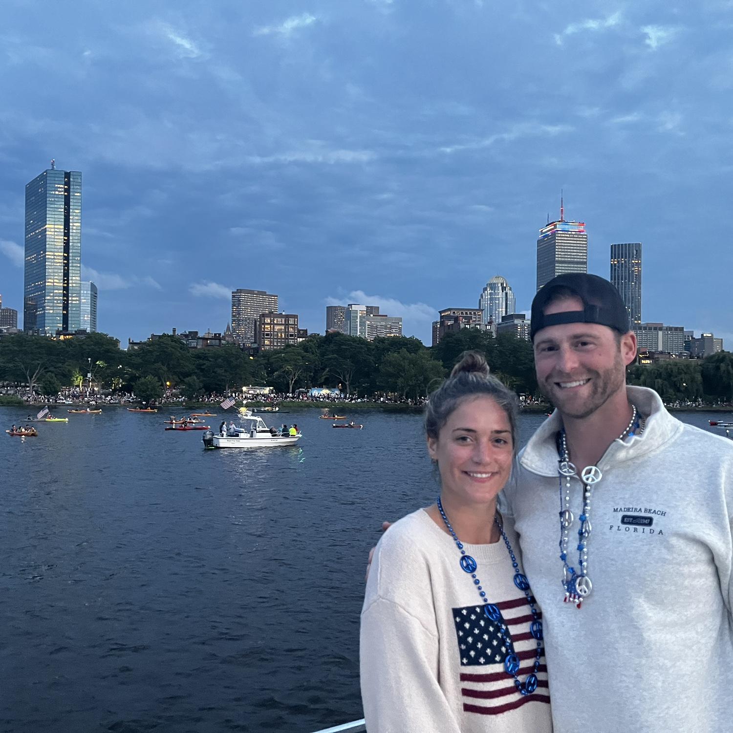 Boston Harbor, where we both first saw the Boston fireworks and stayed on the water overnight with family and friends. It is one of our favorite memories!