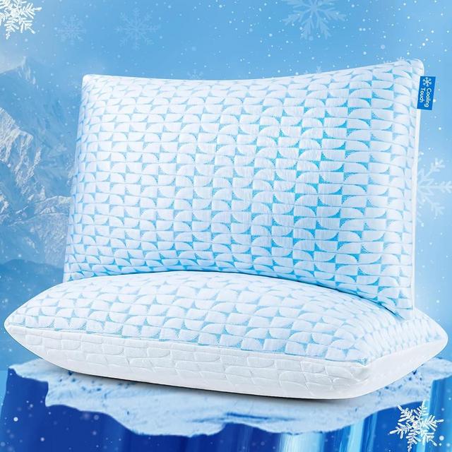 Shredded Memory Foam Pillows Queen Size Set of 2, Cooling Bed Pillows for Side Back Stomach Sleepers, Gel Pillows Soft and Supportive for Sleeping with Washable Removable Cover, CertiPUR-US Certified