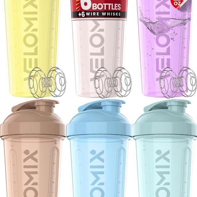 VELOMIX -6 PACK- Shaker Cups for Protein Shakes 28 oz - 6x Wire Whisk | Leak Proof Protein Shaker Bottle for Protein Shakes, Shaker Bottle Pack for Pre & Post Workout