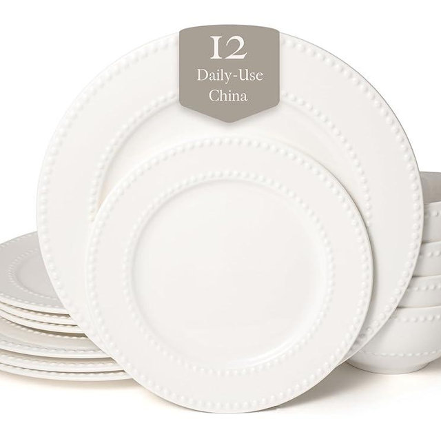 Square House New Bone China 12 Piece Dinnerware Set, Santorini Collection (Beaded), White, Daily Use China, Embossed Tableware Service for 4
