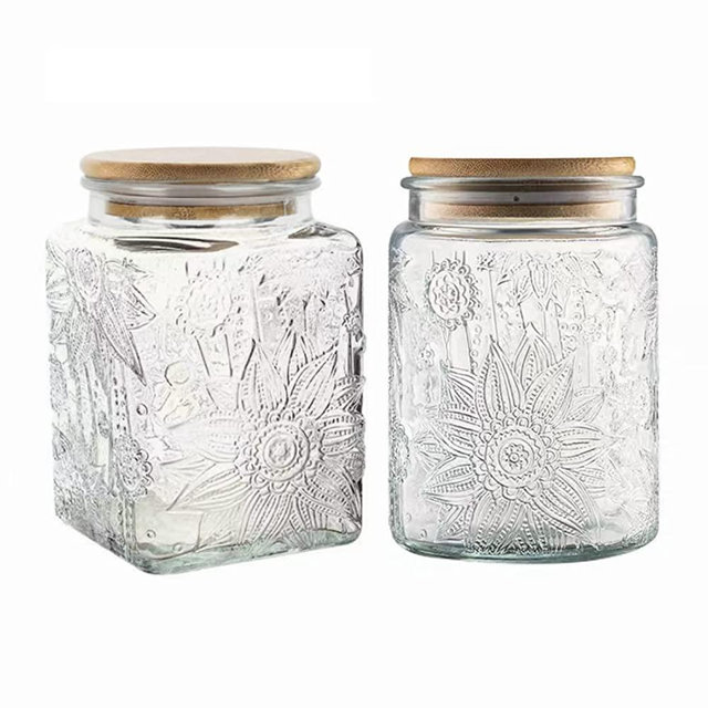 ANSQU Vintage Glass Airtight Storage Jars, 25.3 OZ/23.7 OZ Glass Food Storage Containers with Bamboo Wooden Lid, Set of 2 Airtight Cookie Jars for Kitchen Counter, Pantry, Cookie, Coffee, Tea, Sugar