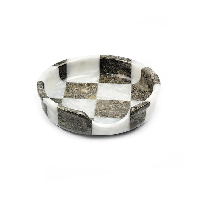 Marble Spoon Rest for Stove Top, Checkered Kitchen Utensil Holder, Coffee Bar Accessory (White Grey)