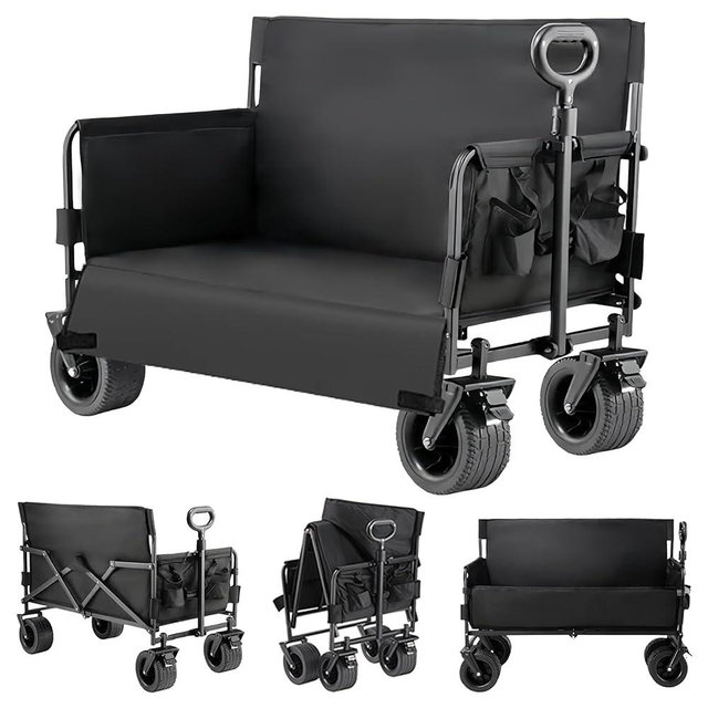 Suttonbebe Wagon Foldable Cart Convert to Bench, Collapsible Heavy Duty Cart with Wheels, All Terrain Camping, Utility Grocery Wagon for Beach, Shopping, Garden, Sports and Fishing (LY008-BLACK)