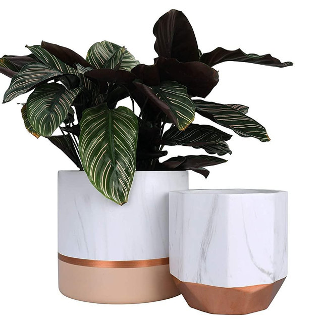 White Ceramic Flower Pots - 6.7 + 5.4 Inch Indoor Planters, Plant Containers in a Marble Ink Pattern with Rose Gold and Pink Detailing