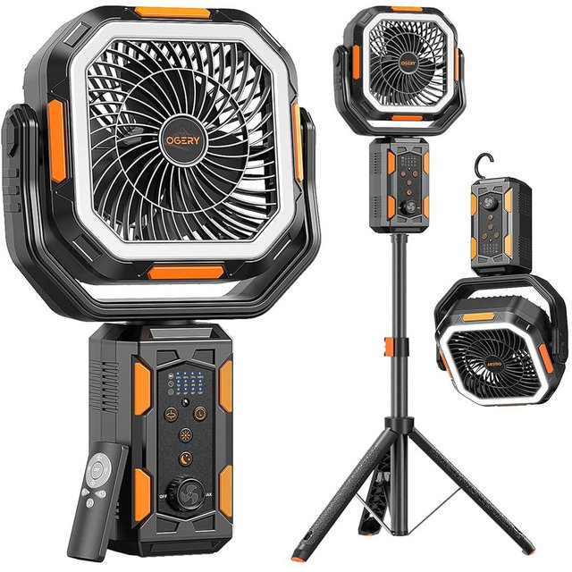 OGERY Camping Fan, Portable Fan with Adjustable Height Stand, 20000mAh Rechargeable Battery Powered Fan with Remote, LED Light, Auto Oscillation, Fast Charging, Floor or Desk Fan for Tent, RV, Travel