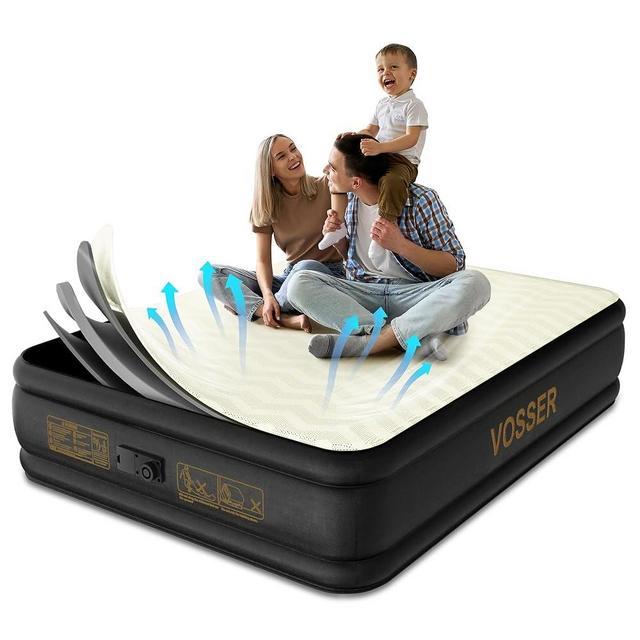 VOSSER Queen Air Mattress with Built-in Pump,18'' Foam Topper Inflatable Mattress,Luxury Blow Up Mattress 2 Mins Self-Inflation/Deflation - Breathable and Flatness-Free for Camping, Home & Guests