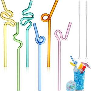 Yinkin 6 Pcs Wavy Glass Straws Reusable Curved Straw Shatter Resistant with 2 Cleaning Brushes Clear Silly High Borosilicate for Kids Adults Smoothies Juice (Colorful, 8 Inch)