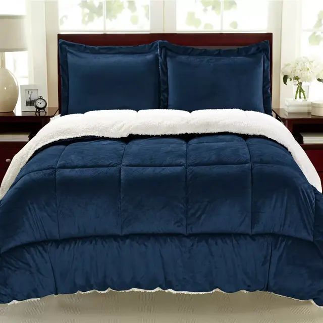 Cathay Home Sherpa Down Alternative 3-Piece Reversible Full Comforter Set in Navy