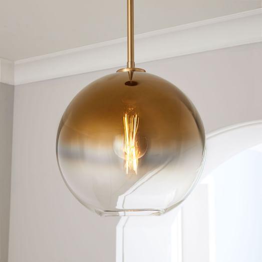 Sculptural Glass Globe Pendant, Medium Globe, Gold Ombre Shade, Brass Canopy