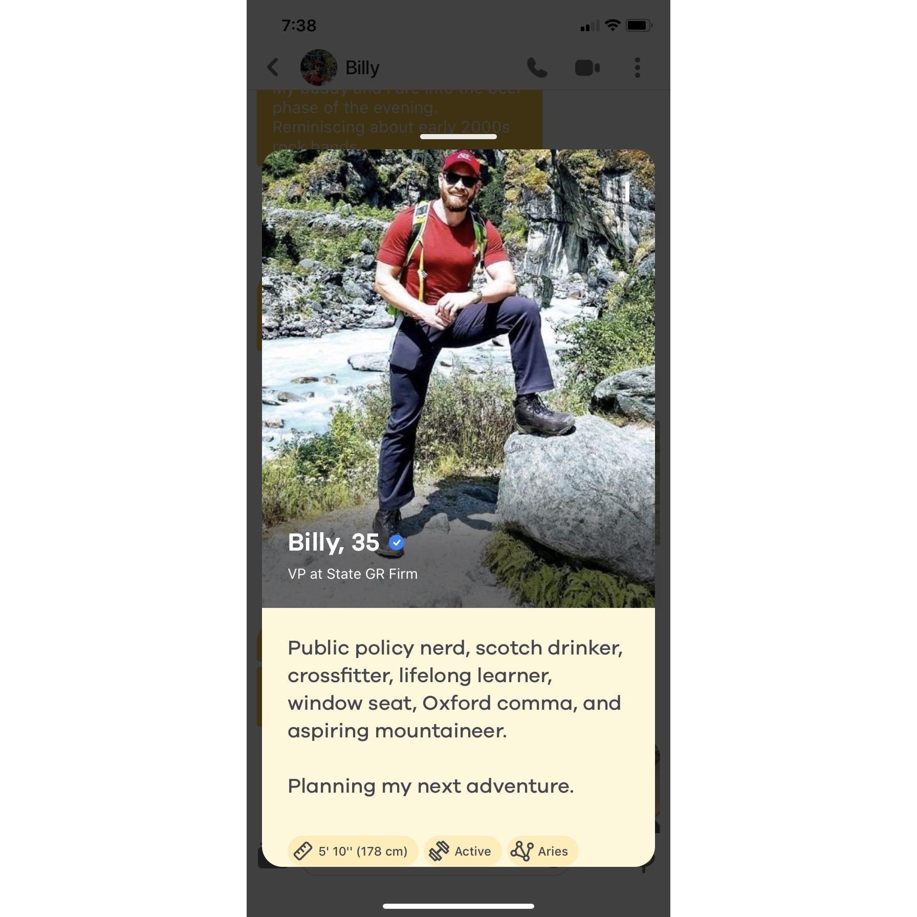 Billy’s bumble profile. Because hey, it’s why we’re here.