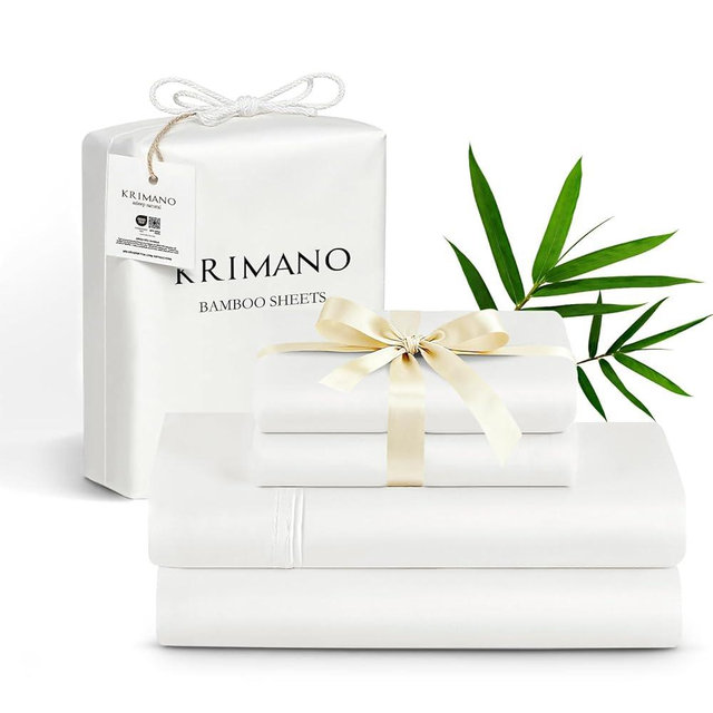 KRIMANO Queen Size Sheet Set, Bamboo Sheets for Bed Set 4pcs, 100% Organic Viscose Derived from Bamboo, Hotel Luxury Silky & Cooling for Hot Sleepers, Deep Pocket Up to 17", White