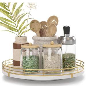 10" Wooden Lazy Susan Turntable for Cabinet – Rotating Spice Rack Organizer, Small Kitchen Countertop Tray for Dining Table & Pantry Storage (White & Gold)