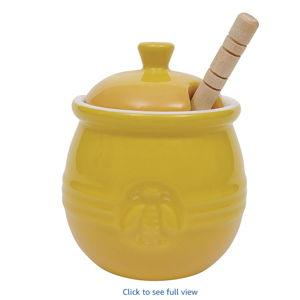 Creative Co-Op Yellow Stoneware Honey Pot with Lid & Wood Honey Dipper