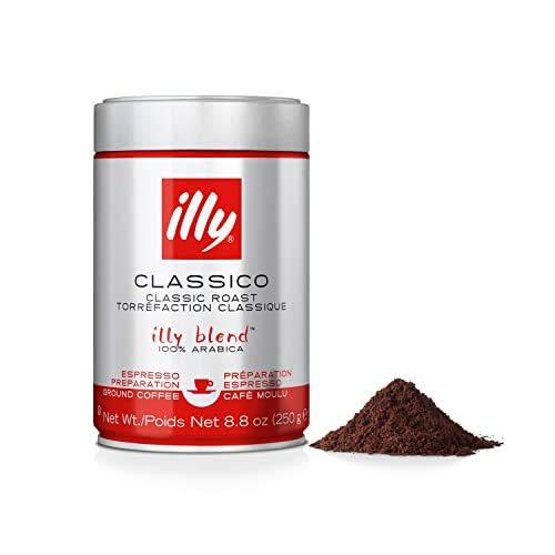illy Classico Espresso Ground Coffee, Medium Roast, Classic Roast with Notes of Chocolate & Caramel, 100% Arabica Coffee, All-Natural, No Preservatives, Ground for Espresso Machines, 8.8 Ounce