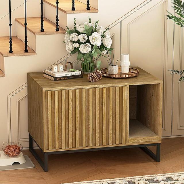 Fienveorn Litter Box Enclosure,Modern Cat Litter Box Enclosure Furniture Hidden Litter Box with Cat Scratch Pad, Cat Washroom Cat House End Table, Entryway Bench for Livingroom (Natural)