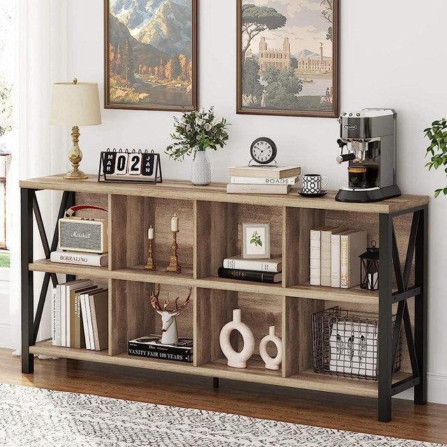 FATORRI 8 Cube Storage Organizer Bookshelf, Rustic Wood Cubby Bookcase, Industrial Horizontal Long Shelf for Living Room (Rustic Oak, 62 Inch)
