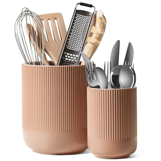 LE TAUCI Utensil Holder, 7.3"+5.4" Ceramic Kitchen Utensil Holder for Countertop, Large Cooking Utensil Crocks for Kitchen Counter, Modern Utensil Organizer for Spatula, Set of 2, Dusty Pink