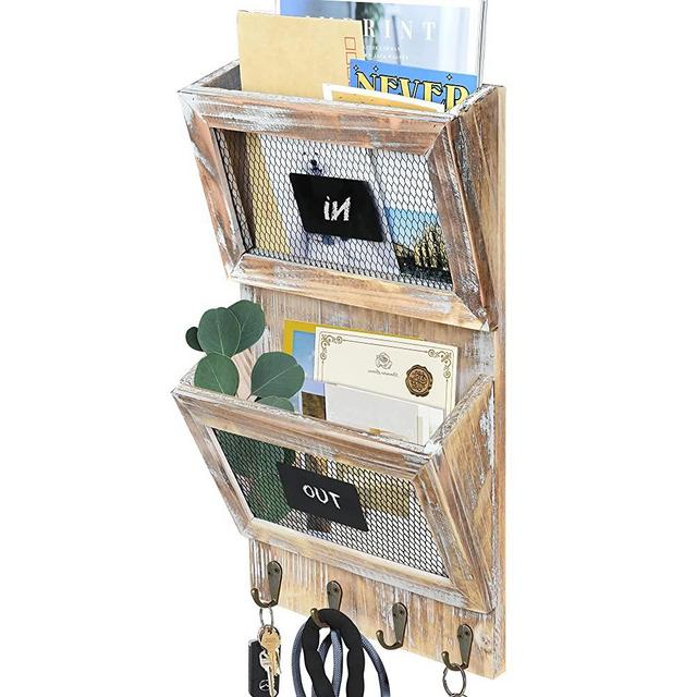 DORAMII Rustic Wooden Mail Holder Wall Mounted with 4 Key Hooks, Wooden Mail Sorter Organizer, 2 Slot Mail and Key Holder for Wall and Rustic Home Decor Entryroom, Mudroom, Hallway, Kitchen, Office…