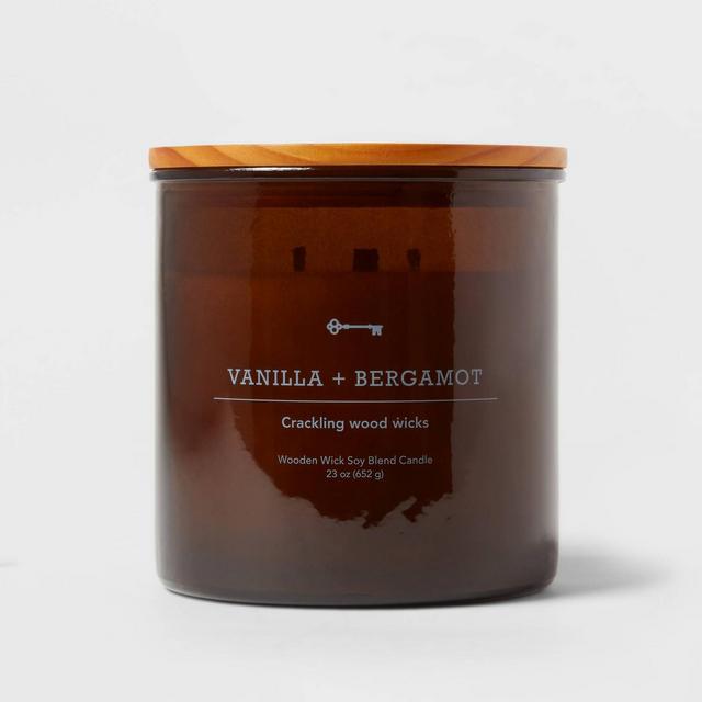 23oz XL 3-Wick Vanilla + Bergamot Wooden Amber Glass with Wood Lid and Stamped Logo Amber - Threshold™