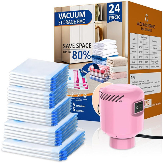 24 Pack Vacuum Storage Bags with Electric Pump, New Air Valve Space Saver Bags (5 Jumbo, 5 Large, 5 Medium, 5 Small, 4 Roll Up Bags) Travel Vacuum Bags Vacuum Seal Bags for Clothes, Bedding,Duvets